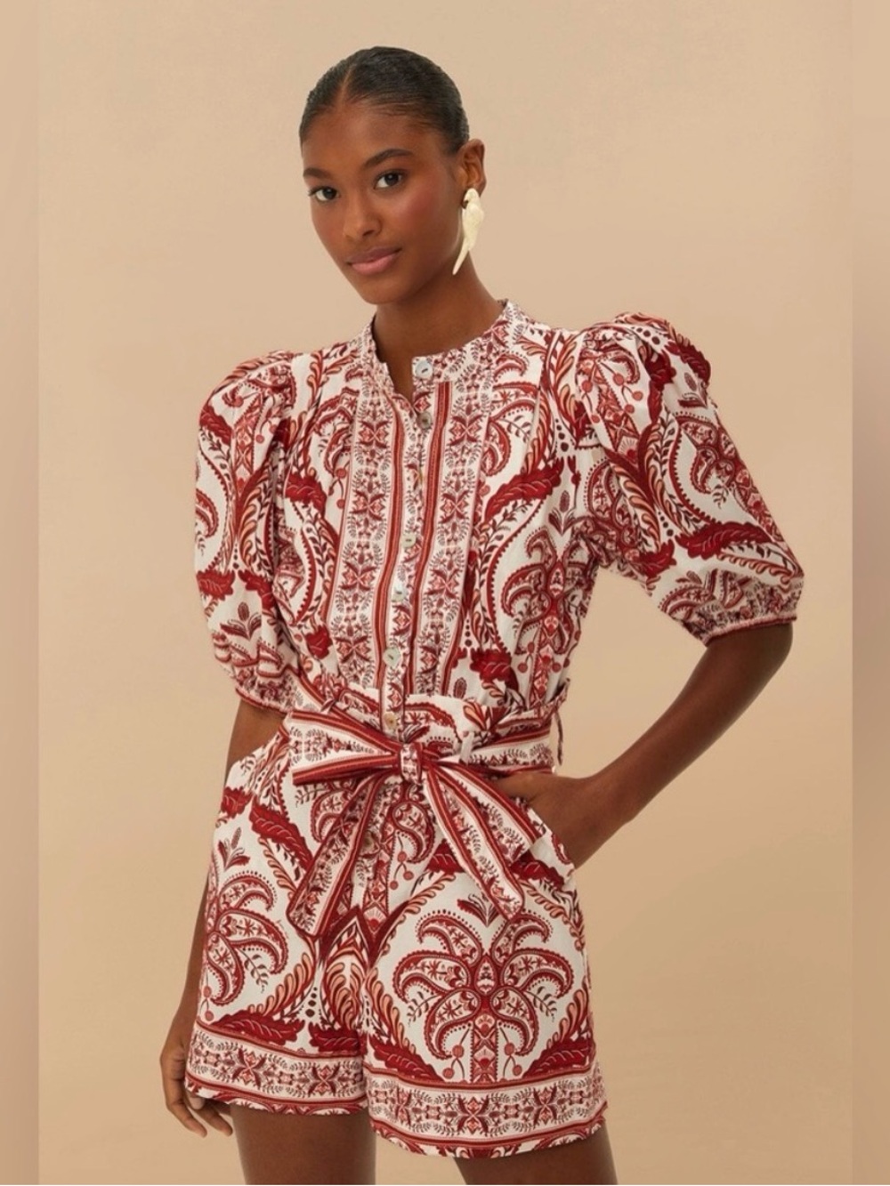 FARM Rio Red & White Paisley Tie-Waist Romper